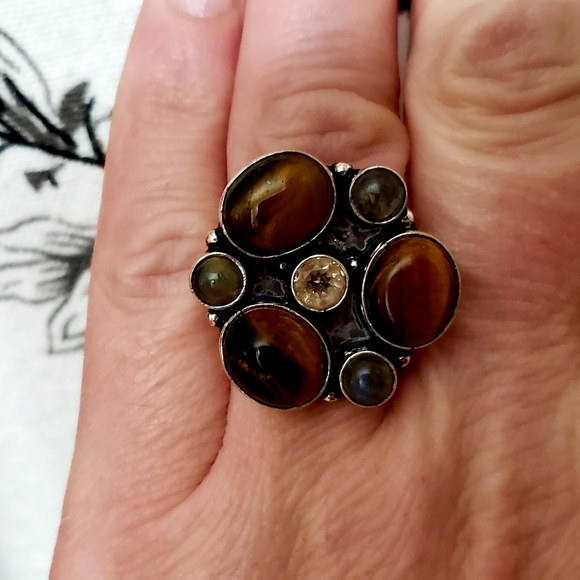 New Tiger Eye, Labradorite and Morganite 925 Silver Ring. - Picture 3 of 10